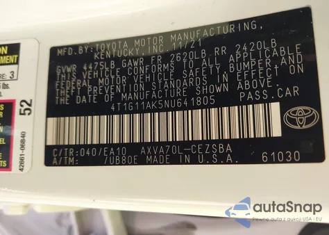 2022 Toyota Camry Se из США, поврежденный, VIN 4T1G11AK5NU641805